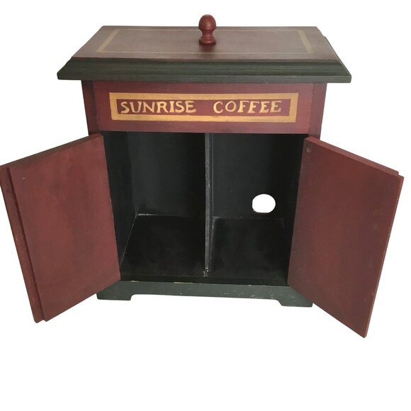 VTG Sunrise Coffee Storage Cabinet Hand-Painted Dual Doors Lid Wood Rustic Red - Picture 4 of 10